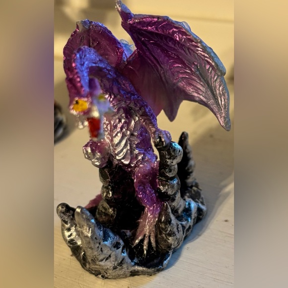 Metallic Colorful Rune Elemental Dragons On Rocks Miniature Figurines Set Of 4 - Picture 2 of 10